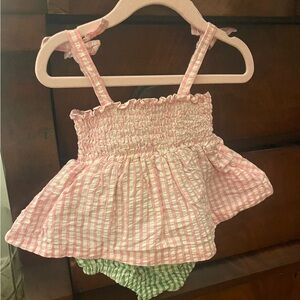 Little English smocked skirt bubble pink & green gingham bow straps - 24M